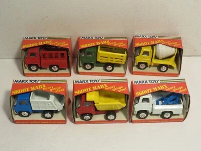 VINTAGE MARX TOYS SKOOT LOT OF 6 TIN TRUCK 70s NEW CEMENT GARBAGE DUMP STAKE TOW