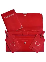 Suede 4pcs Travel Wallet Organiser Document Set Red - Brand New