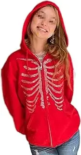 Medicle Oversized Zip Up Hoodie Sweatshirt for Women Gothic Skeleton Print Pullover Cardigan Jacket with Pocket