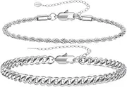 [Hilufiet] 2 Pcs Chain Bracelet 925 Sterling Silver Bracelet for Men 7-9inch Figaro Rope Cuban Link Bracelet Set for Men Husband