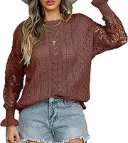 Zylphorix Women's Fashionable Knitted Sweater with Intricate Pattern and Ruffled Sleeves - Casual Pullover Top