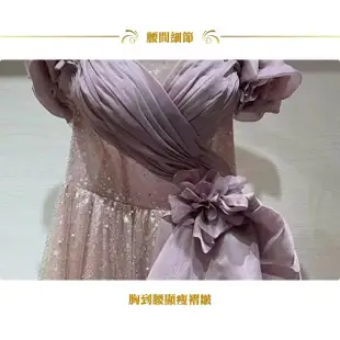 【女神婚紗禮服】高級氣質公主袖粉色V領釘珠A字裙新娘敬酒宴會晚禮服2023092134(A字 氣質 修身 洋裝)