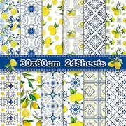 24 Sheets Lemon Scrapbook Paper Pad Double-Sided Blue Tiles Yellow Lemon Patterned Decorative Craft Paper for Card Making Photo Album Journal DIY Craft, 11.8'' x 11.8''