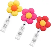 jojofuny 3Pcs Cute Flower Shaped Badge Reels Multi Function Id Card Holders with Retractable Clip for Nurses Students Office Workers Design