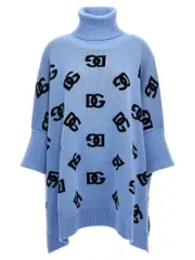 [Dolce & Gabbana] Dolce & Gabbana-Jacquard Logo Poncho Mantelle Celeste-Donna S Light Blue
