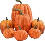 Orange Faux Pumpkins - 7 Piece Realistic Foam Pumpkin Set, Autumn Gourds | Assorted Sizes, Versatile Artificial Fall Decorations for Mantel, Shelf, and Kitchen