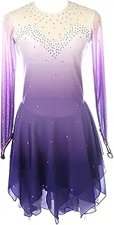 [Zagitova] Figure Skating Dress for Girls Breathable Gradient Sheer Long Sleeve Women Dance Outfits with Shiny Rhinestone
