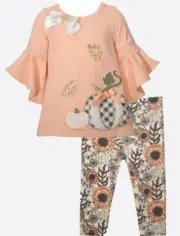 NEW Bonnie Jean Girls Size 4 "PEACH GRAY PUMPKIN" Thanksgiving Top Pants NWT