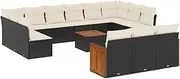 vidaxl 14 Piece Garden Sofa Set - Black Poly Rattan Modular Lounge with Acacia Table - Patio Terrace Furniture with Cushions and Waterproof Storage - Customizable Outdoor Seating