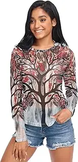 [RPLIFE] Tree Black Red Leaves Womens Mesh Shirt, Mesh Shirts for Women Sexy S-XXL