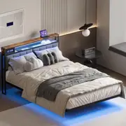 Advwin Floating Bed Frame Queen Size with Upholstered Headboard and Charging Station LED Lights Mattress Base