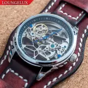 Mens Automatic Mechanical Silver Watch Detachable Red Leather Cuff Strap