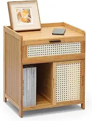 [Homodoskey] Bedside Table,Bamboo Nightstand with Rattan Pattern Sliding Door, Modern Mini End Table, Accent Side Table Chest Cabinet for Bedroom Living Room, Natural(Single Drawer)