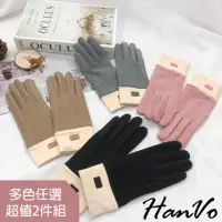 在飛比找momo購物網優惠-【HanVo】拼接造型麂皮薄刷毛手套 韓系秋冬保暖觸控手套(