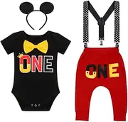 IMEKIS Baby Boy Mouse 1st Birthday Outfit Bowtie Romper + Suspenders + Pants + Headband Cake Smash Tuxedo Set for Photo Shoot