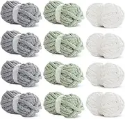 12 Pack Chunky Yarn for Crocheting,Super Bulky Large Soft Fluffy Yarn,Plush Fuzzy Yarn,Thick Chenille Yarn for Hand Knitting/Arm Knitting,4 Cream,4 Light Grey,4 Sage Green(Each 27yds,8 oz)