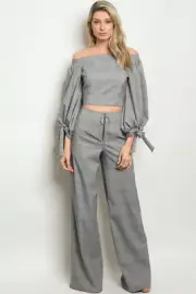 Gray Checkered Top Wide Leg Pants Set Size Medium Business Puff Sleeve
