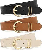 [XZQTIVE] 2 Pack Double Ring Belt for Women, Faux Leather Jeans Belts with Golden Circle Buckle, 01 Black+brown+beige, Fit Pant 31-36in