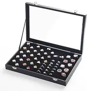 AIMALL Black Jewelry Display Storage Box with Dustproof Glass Lid, 13.77in x 9.4in x 2in, Holds 100 Rings, Necklace, Earrings, and Bracelet Organizer