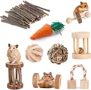 Hamster Cage Accessories,9 Different Chewing Toys for Guinea Pigs,Chinchillas,and Gerbils,Rabbit, Bunny,Natural Wood Dumbbells,Exercise Bells,Roller Wheels,Teeth Care Toys for Rodents