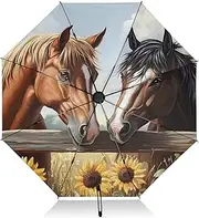 [PDZRMY] Horse Sunflower Fence UV Protection Travel Umbrella Compact for Rain and Sun - Auto Open and Close UPF 50+ Windproof Portable 46” Sun Umbrella for Women and Men