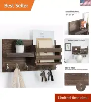 Charming Rustic Wall Mail Organizer with Shelf & Key Hooks - 20 lbs Capacity