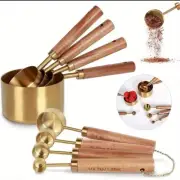 4/8Pcs Wooden Handle Stainless Steel Measuring Cups Spoons Baking Tools