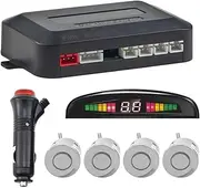 Wireless Parking Aid, Reversing Aid with 4 PDC Rear Parking Sensors, Sum Distance Warning Kit with Wireless LED Display for Car, SUV, Van, Motorhome and Pickup (4 Sensors, Silver)
