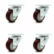 3.5 Inch Maroon Polyurethane Wheel Swivel Top Plate Caster Set Service Caster
