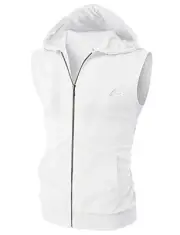 Men's Sleeveless Workout Hoodie Zip-up Vests Gym Bodybuilding Large White