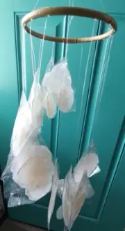 White Capiz Shell Waterfall Cascade Wind Chime 35" Bamboo top 15 Strands