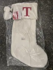 St. Nicholas Square Ivory Cable Knit Christmas Stocking Red "T" *NEW*