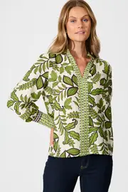 Graceful Top Full Length Sleeve in Cream with Green Leaf 8
