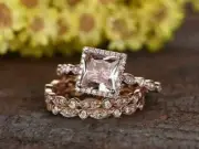 3.00Ct Princess Cut Simulated Morganite Trio Set Ring 14K Rose Gold Plated