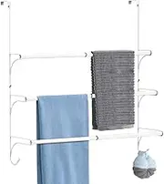 3 Tier Over the Door Towel Rail, Hanging Towel Rack for Bathroom, Adjustable Towel Holder with 2 Hooks for Storage Drying Towels Clothes, White