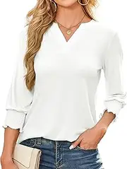 [Ausing] Women 3/4 Sleeve Blouses Casual Pleated Cuffs Blouse Loose Stretchy Tops Boho V-Neck Top Summer Elegant Plus Size T-Shirt S-XXL
