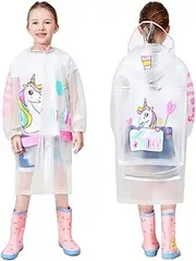 [Hovkib] Kids Raincoats Boys Girls Rain Jacket Lightweight Rain Coat Waterproof Rain Poncho Reusable Rainwear 5-14 Years