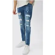 Mens Dark Blue Skinny Stretch Rip & Repair Paint Splatter Jeans