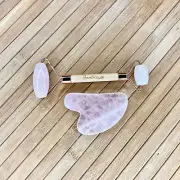 Rose Quartz Gua Sha and Bamboo Facial Roller Set | Eco-friendly Bamboo Handle