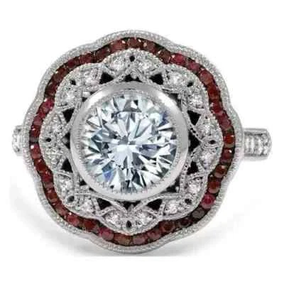 Art Deco Style Vintage 2Ct Lab Created Diamond &Ruby 14K White Gold FN Ring