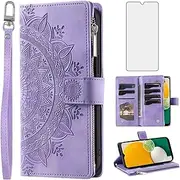 [Asuwish] Phone Case for Samsung Galaxy A13 4G/5G Wallet Cover with Tempered Glass Screen Protector Wrist Strap Mandala Flower Flip Zipper Credit Card Holder Cell A04s M13 G5 A 13 LTE 13A 2022 Purple
