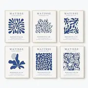 Blue Matisse Wall Art Prints Set of 6 Abstract Aesthetic Canvas Decor Trendy Henri Matisse Wall Art Poster Navy Blue Artwork Flower Market Minimalist Pictures for Room Bedroom 12x16 Inch Unframed