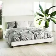 Bed Base Frame Upholstered Linen Fabric w/Cushioned Headboard Off White (King)
