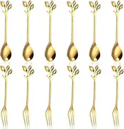 12Pcs Gold Leaf Coffee Spoon, BetterJonny Spoons and Fork Fruit Forks Stainless Steel Mini Creative Tableware for Sugar Cake Ice Cream Tea Stirring Tea