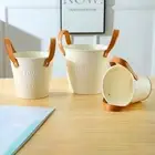 Leather Handle Plant Pots Beige Color Small Bucket Quality Storage Basket Home