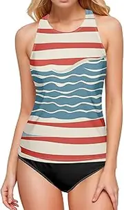 [ODAWA] High Neck Swimsuit Galaxy Clouds Black Quick Dry Tankini Top, Halter Top Swimsuits for Women, Blue Striped Waves, XX-Large