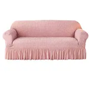 Seersucker Couch Cover with Ruffle Hemline Stretch Sofa Cover -Pink