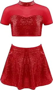 [inhzoy] Kids Girls Shiny Sequins Jazz Modern Dance Dress Shiny Crop Top with Pleated Skirt Set Ballet Latin Dance