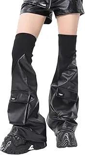 [DSAoTeng] Punk Gothic Leg Warmers for Women - Y2K PU Leather Flared Mid-Calf Boot Covers, with 3D Patch Pockets, Lace Up Ruched Leg Cover,Harajuku Grunge Rave Accessories for Club Party