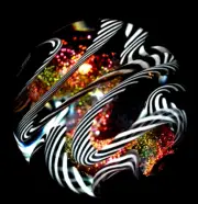 ERIC BROCK GLASS MARBLE/1.795"-FIERY ZEBRA FILIGRANA-ORANGE,RED,GOLD,BLACK,WHITE